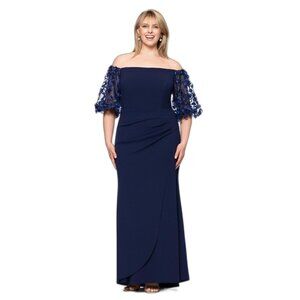 NWT Xscape Plus Size Long Illusion Sleeve Off The Shoulder Dress Navy Blue 20W
